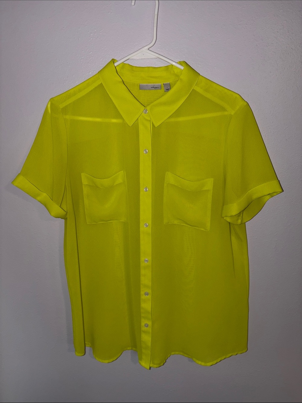 Halogen Neon Yellow Short Sleeve Button-Down Shirt, sz L